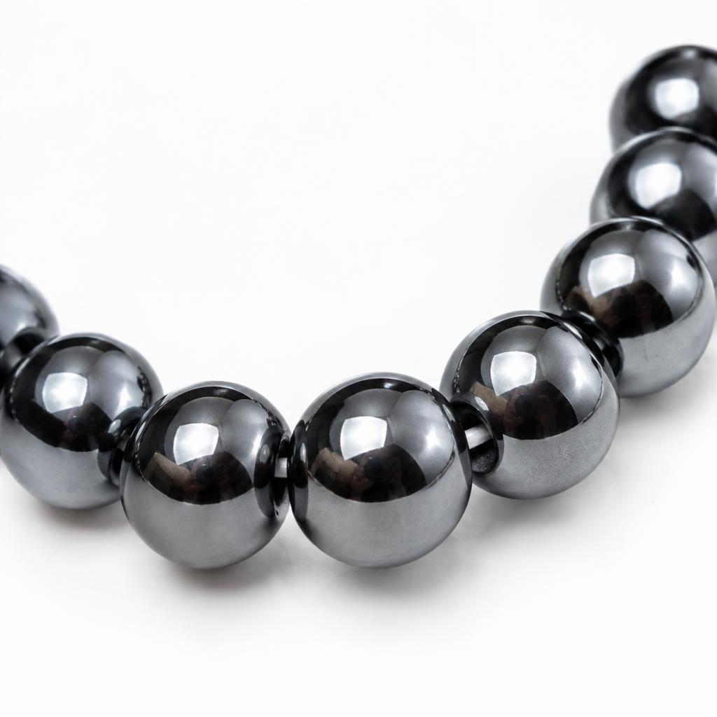 Close view of polished magnetic beads beside a small magnet