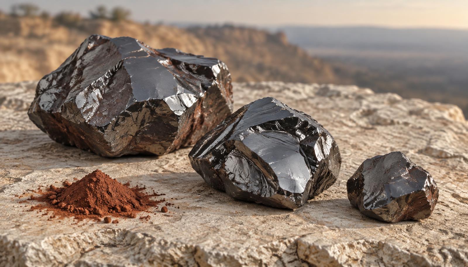 Shiny raw hematite nuggets beside natural red ochre pigment